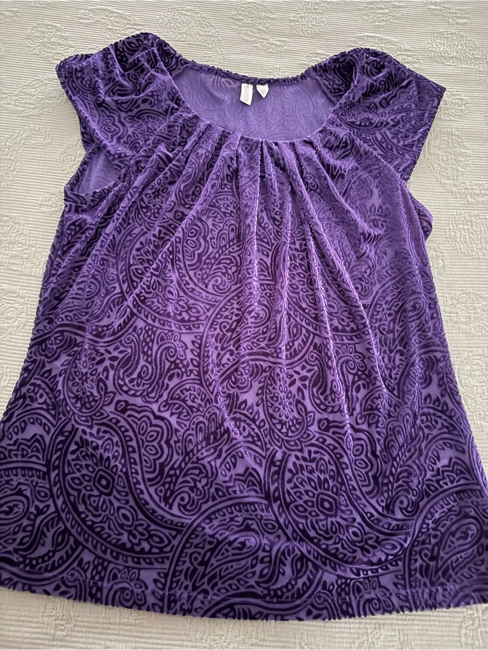 Madison Purple Velvet Burnout Paisley Cap Sleeve Top